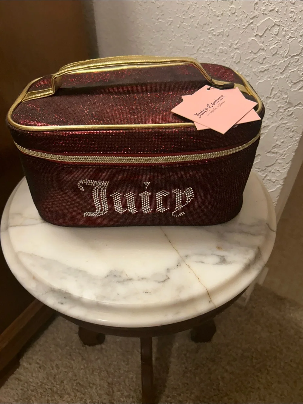 Juicy Couture Red Glitter Cosmetic Case with Gold Accents. NWT